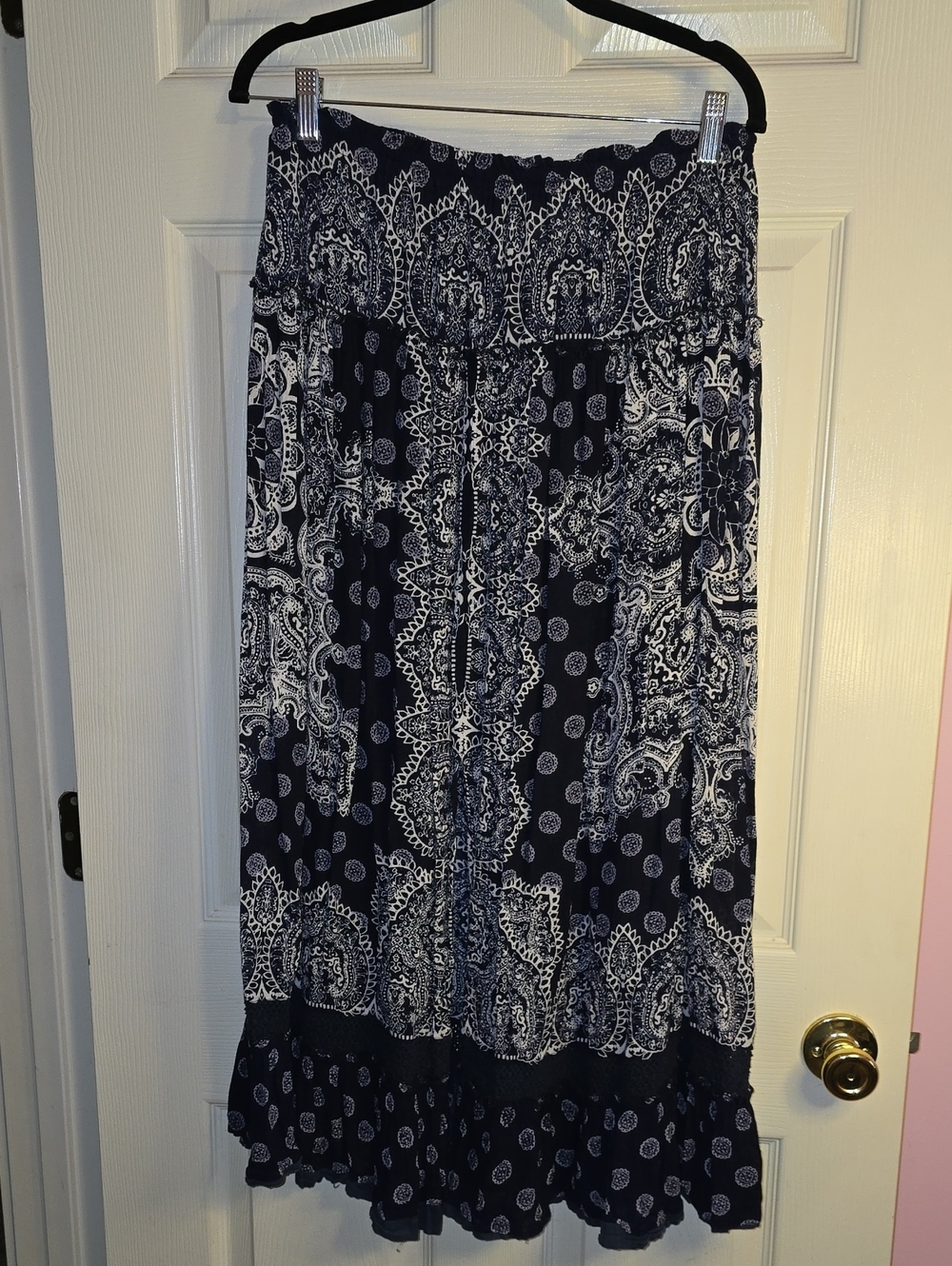 Women's Navy and White Paisley Maxi Skirt
